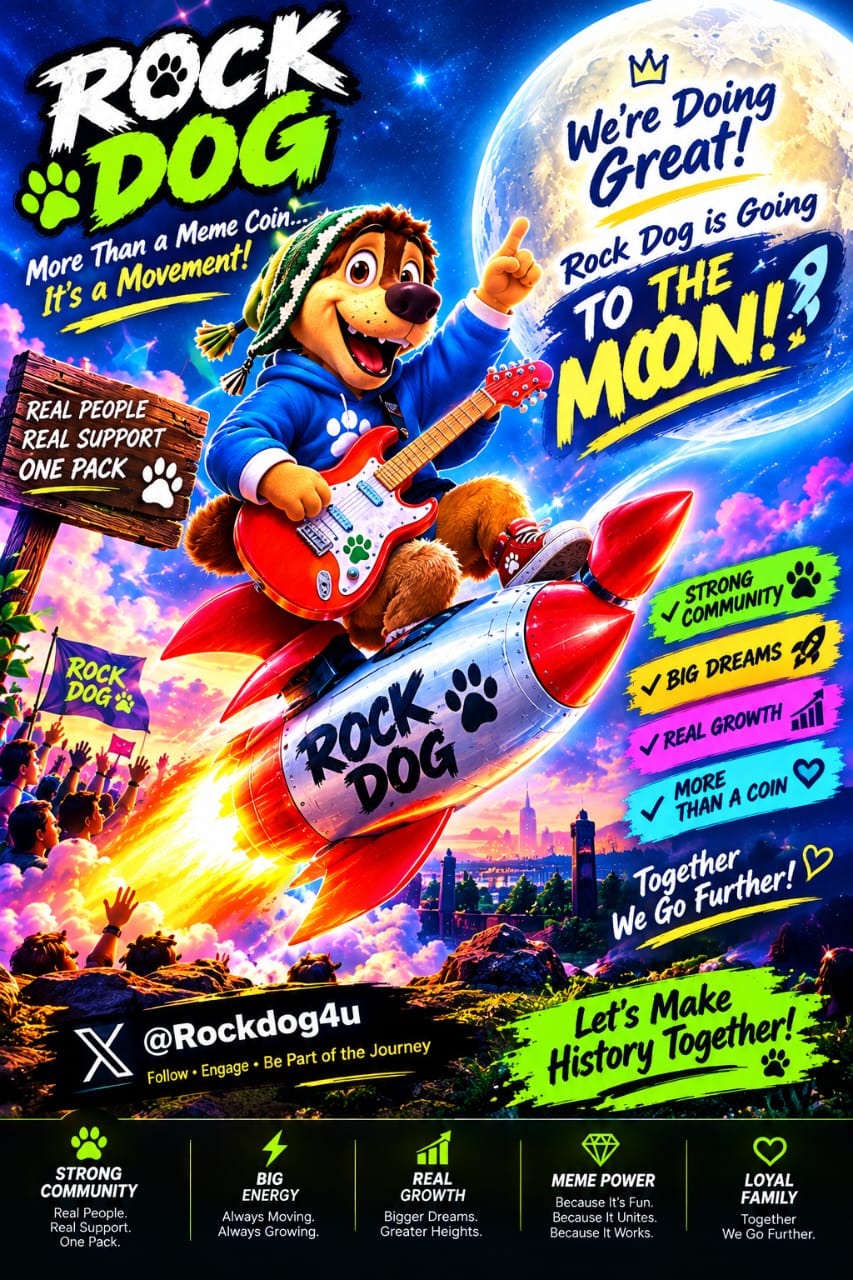 RockDog playing guitar while riding a rocket toward the moon